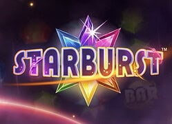 Bright colorful starburst logo for online casino game "Starburst" with vibrant n.
